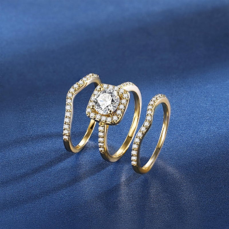MDFUN 18K Yellow Gold Plated Cubic Zirconia Three-in-One Halo Wedding Engagement Promise Eternity Ring for Women - Image 2